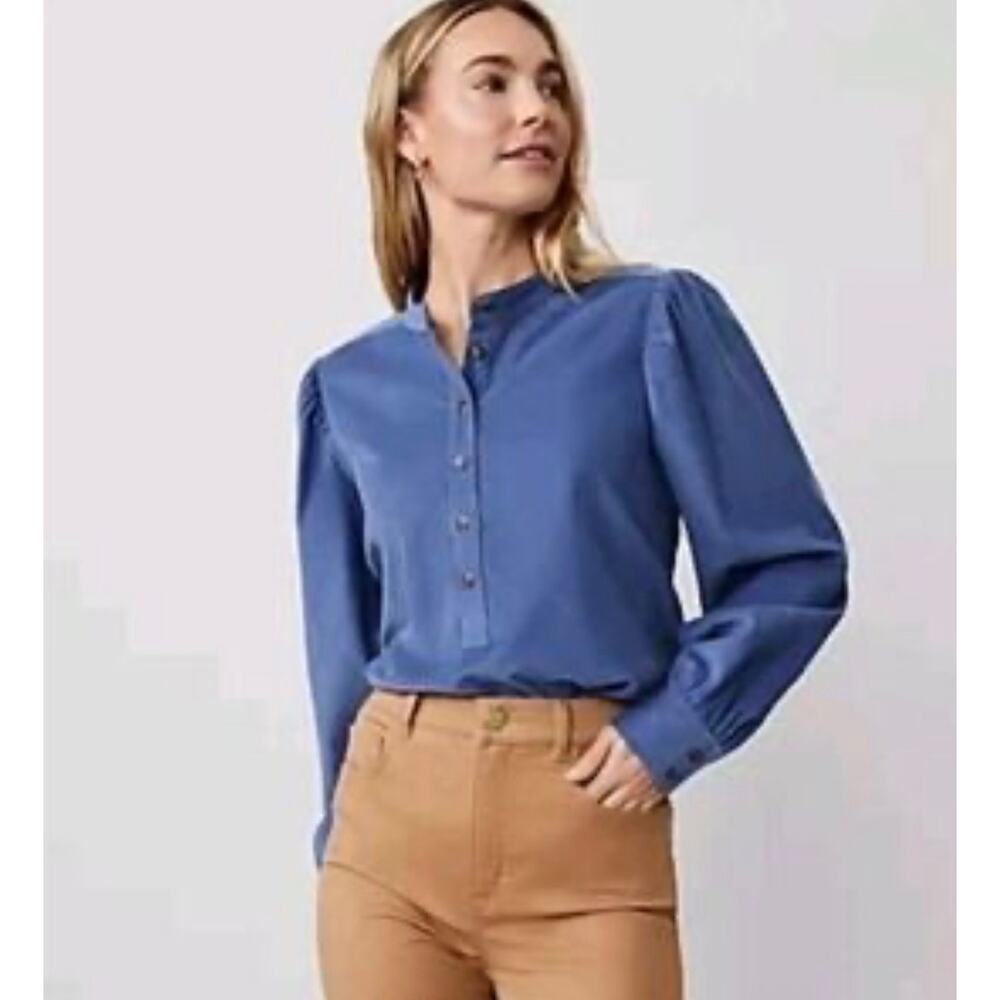 Ann Taylor Cotton Corduroy Mandarin Collar Popover Blouse S Blue